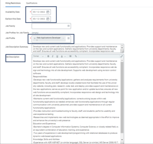 Hiring Restrictions section displays with availability date, earliest hire date and job profile marked as required fields. the job profile is selected as Instructional Designer one which populated the job description and the job description summary