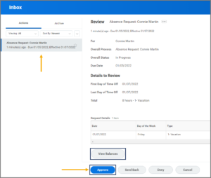The manager's inbox with the absence request action selected and its contents displayed on the right