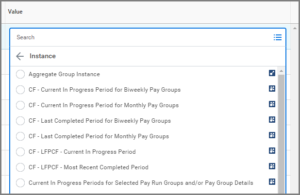 A list of Instance selections under the Value column