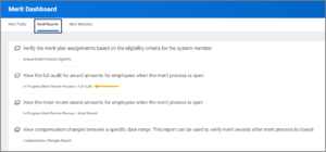 The Merit Dash board displaying the in progress merit review process - full audit report under the merit reports tab