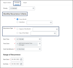 The Monthly Recurrence criteria under the schedule tab