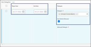 The left side of the New Delegation table showing the begin date, end date, delegate fields as well as the use default alternate checkbox