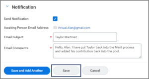 The notification section. The Send notification checkbox is checked. The Email Subject and Email comments fields contain sample text.