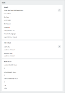 The start section showing the details, job details and work hours sections