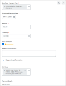 The One-Time Payment Section emphasizing the send to payroll checkbox