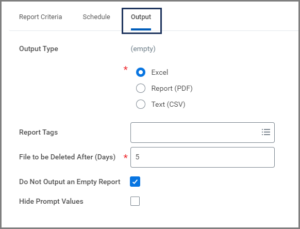 The output tab displaying the output type options, the report tags and file to be deleted after (days) fields, and the do not output an empty report checkbox