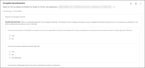 The Ready for Hire Compliance Checklist inbox item. The first two questions appear.