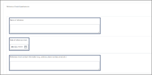 Reference Check Questionnaire inbox item. The name of reference, date of reference check, and reference check contact information fields or highlighted