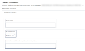 Reference Check Questionnaire inbox item. The name of reference, date of reference check, and reference check contact information fields or highlighted