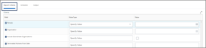 The Report Criteria Tab displaying the value type and value columns in a table containing various fields
