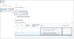 Add costing allocation section, highlighting the fields for Start Date, End Date Worktags and Distribution percent