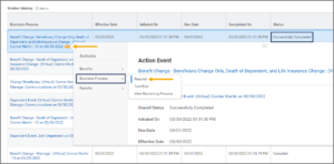 The worker history tab showing an example benefit change, its related actions and the rescind link