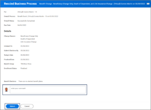 The Rescind Business Process page emphasizing the comment section and submit button