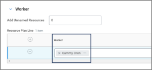 The Resource Plan Line Table with a sample Worker selected under the worker column