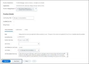 The Review Edit Position Restrictions item item with the approve and send back buttons emphasized