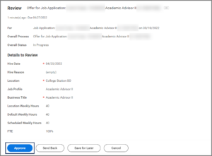 The Review Offer for Job Application to do emphasizing the approve button at the bottom