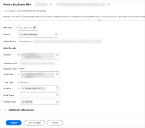 The Revise Employee Hire task displaying various fields related to job and hire details