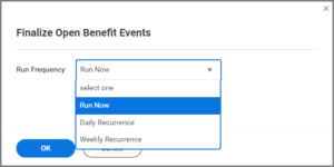 The finalize open benefit events window with the Run Frequency field displayed along with its drop down options