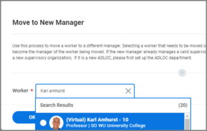 Name of Employee to be moved shown in Worker field. Employee pictures display next to suggested names.