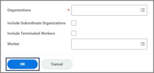 the search results prompt including sample fields which may be presented such as organizations and worker