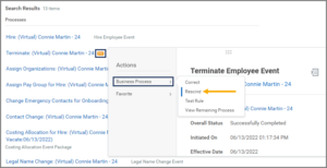 The Search Results page displaying the related actions icon and the business process > rescind process being hovered over