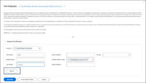 Hire Employee page with Search Pre-Hires section completed and search button highlighted for emphasis