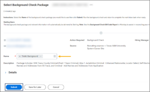 The Select Background Check Package inbox item. The Name field and submit button are emphasized