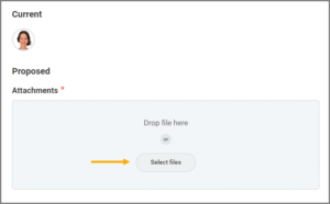 The attachments menu instructing to either drop files or select files