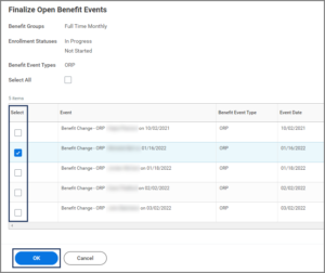 The finalize open benefit events window showing a table of 5 items with the select column highlighted, as well as the OK button at the bottom of the screen