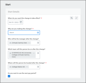 The Start Section under Start Details