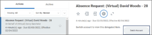 inbox action items with a task that has been delegated to the user. The switch account button is highlighted as well.