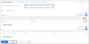The Time Entry Approval inbox item highlighting the hours displayed at the top and side of the page