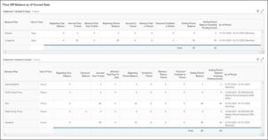 A Time Off Balance screen for a sample employee