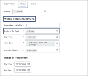 The Weekly Recurrence criteria under the schedule tab