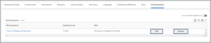 A sample work experience entry with the edit and remove buttons highlighted