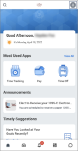 The Workday Home Page showing an example user's screen, including most used apps, announcements, timely suggestions, and the bottom navigation bar with home, email, alerts, and other icons. The my account icon is highlighted in the upper right corner.