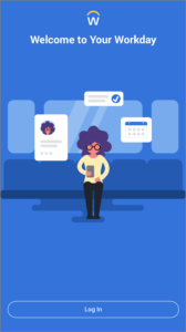 The log in screen for the Workday app, showing the log in button at the bottom of the screen