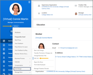 The Worker Profile showing actions to job change to add job