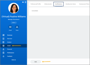Career page with the certifications tabs highlighted and add button highlilghted
