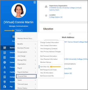 A Worker Profile page showing how to navigate to Edit Other IDs via the actions button