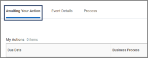 The My Actions section of a business process with the Awaiting Your Action tab highlighted for emphasis.