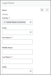 Legal Name Information Section displayed required fields of entry for Country, First Name, and Last Name and optional fields including Prefix, Middle Name, and Suffix