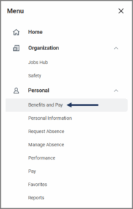 selecting the benefits and pay hub from the menu
