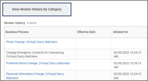 Worker history listing business processes for an employee from the overview page in their worker profile.
