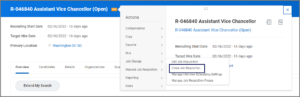 Related Actions button displayed and highlighted for emphasis, primary menu with Job Change option highlighted and secondary menu with Close Job Requisition option highlighted for emphasis.