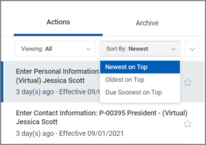 Inbox with the Sort By menu displayed. The Newest on Top option is selected.
