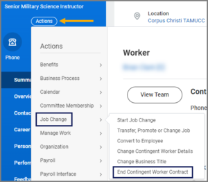 The contingent worker's worker profile displaying how to navigate to end contingent worker contract