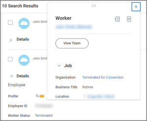 The related actions icon is selected for a pre-hire and additional details appear in a pop up window including organization, business title, and location