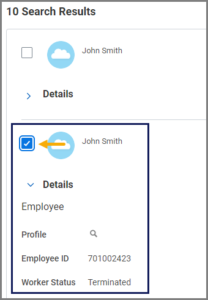 The pre-hire search results displaying several pre-hires. The details arrow is emphasized next to one of them.
