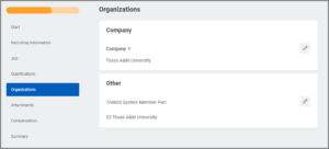 The organizations section is displayed with information entered for member campus 2 - TAMU.